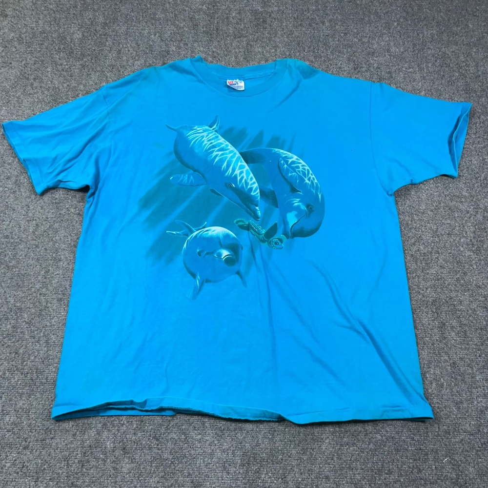 Hanes Beefy-T Dolphin Sea Turtle Graphic T-Shirt Mens 2XL Vintage 90s Blue